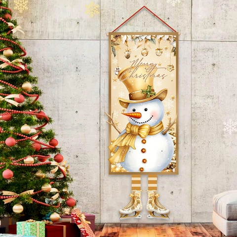 Christmas Hanging Door Banner Gold White Snowman Pattern Polyester Flag With Wooden Rod For Outdoor Indoor Holiday Decor