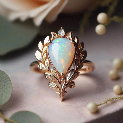 Vintage Baroque Palace Ring For Women Copper With Pear Shaped Faux Opal And Zircon Leaf Branch Wheat Ear Design