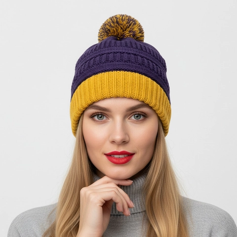 Gorro De Punto Beanie Acrílico Cálido Invierno Resistente Al Viento Color Contrastante Pompon Acanalado Casual Mujeres