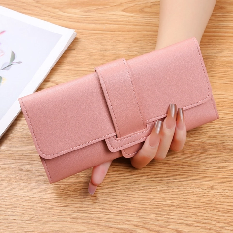 Women Long Wallet PU Leather Tri-Fold Flap Buckle Litchi Grain Multi Card Slots Zipper Pocket Chic Simple Daily Handbag