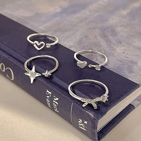 Bagues Ouvertes Ajustables Étoile Nœud Cœur Zircone Cubique Bijoux En Cuivre Délicats Pour Femmes Style Coréen Tendance