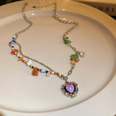Collar Colgante Corazón Vintage Piedras Naturales Coloridas Diamantes Imitación Cobre Esmalte Cadena Clavícula Mujer