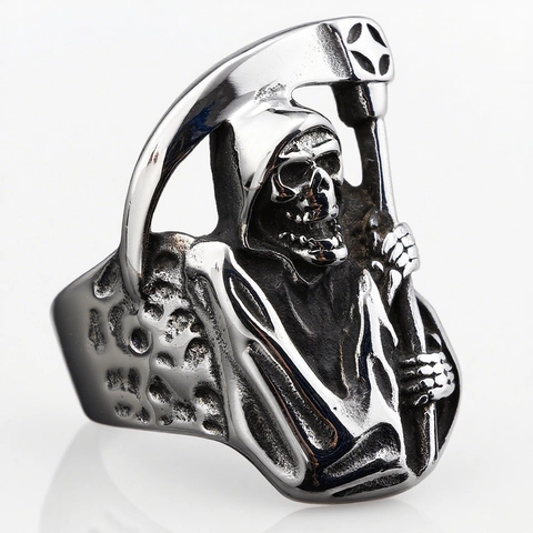 Anillo De Calavera De Parca Acero Inoxidable Gótico Punk Diseño De Guadaña Retro Hip Hop Joyería Regalo Para Hombres