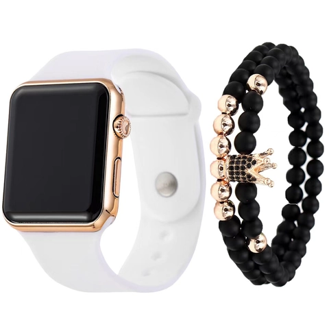 Fashion LED Digital Watch For Men Women Silicone Strap Square Electronic Wristwatch With Beaded Crown Bracelet Set Daily Jewelry