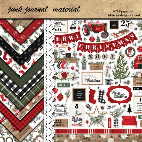 Carta Scrapbooking Natale Vintage Farmhouse Per Journaling DIY Creazione Biglietti Retro Quadri Pino Senza Acido