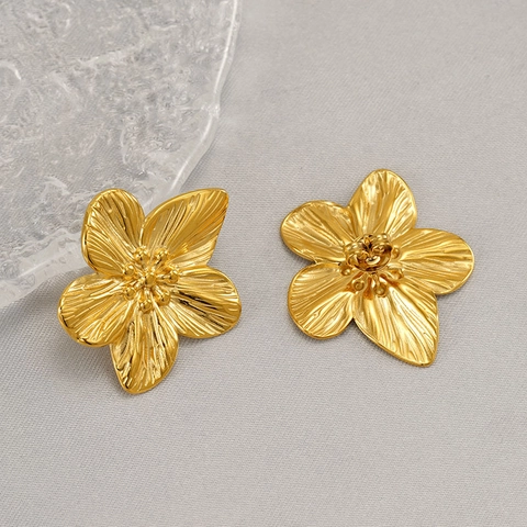Vintage Flower Stud Earrings Stainless Steel 18K Gold Plated Radial Texture Elegant Floral Jewelry For Women