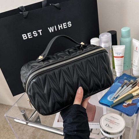 Bolsa De Maquillaje De Cuero PU Acolchado Gran Capacidad Organizador De Cosméticos De Viaje Con Asa Patrón De Chevron Doble Cremallera
