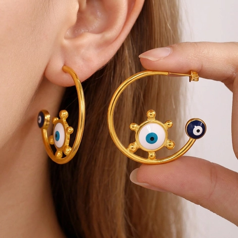 Evil Eye C Form Creolen Edelstahl 18K Vergoldet Emaille Sonnenstrahl Geometrischer Boho Schmuck Für Damen