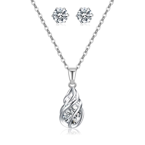 Minimalist Copper Zirconia Jewelry Set Spiral Teardrop Hollow Pendant Necklace Stud Earrings Silver Color Jewelry For Women
