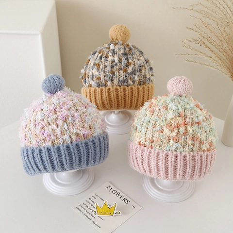 Kinderen Winter Gebreide Muts Beanie Met Pompon Gemengde Kleur Warme Gehaakte Muts Voor Jongens Meisjes Kleuters
