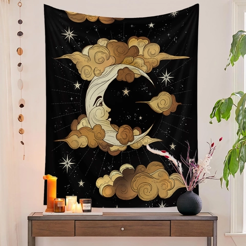 Tenture Murale Mystique Céleste Polyester Bohème Soleil Lune Visage Astrologie Gothique Crâne Décoration Chambre Salon