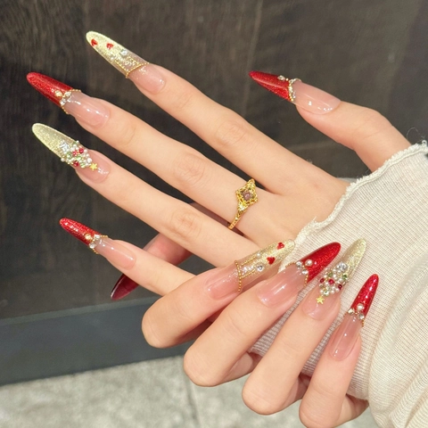 Handmade Christmas Press On Nails Stiletto Red Gold Glitter Rhinestone Pearl Xmas Tree Heart Pattern False Nails Holiday Manicure
