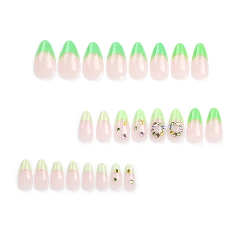 Französische Grüne Aufpressnägel Mandelform Künstliche Nagelspitzen Mit Strasssteinen Minimalistischer Frischer Stil