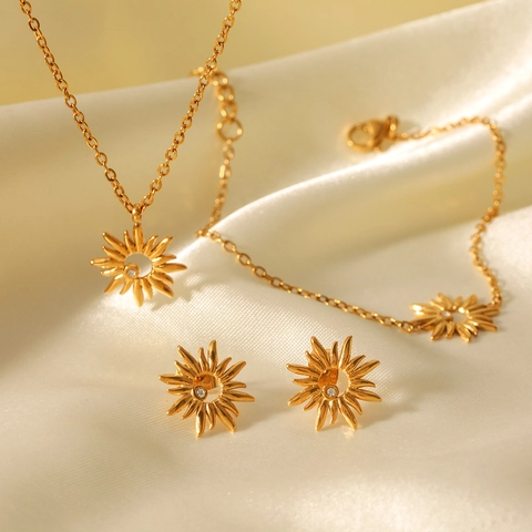 Joyas Girasol Acero Inoxidable Collar Pulsera Pendientes Con Diamantes Imitación Hueco Minimalista Regalo Mujer