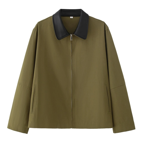 Women Casual Jacket Contrast PU Leather Lapel Polyester Zipper Long Sleeve Solid Color Outerwear Coat