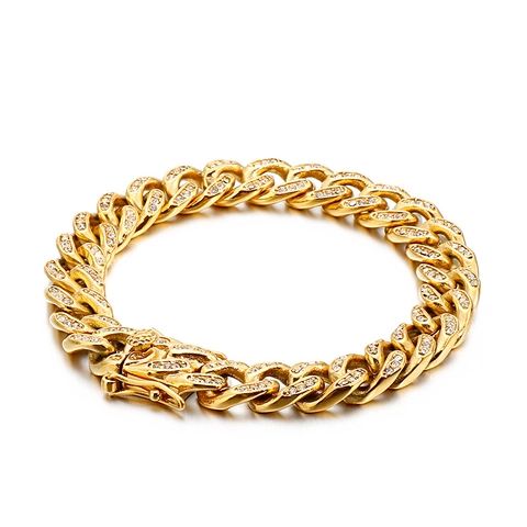 Cuban Chain Bracelet Stainless Steel Iced Out Zircon Rhinestone Hip Hop Jewelry For Men Women Streetwear Punk Rock Style
