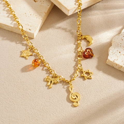 Collier À Breloques En Acier Inoxydable Plaqué Or Vintage Multi Pendentif Noeud Note De Musique Étoile Lune Soleil