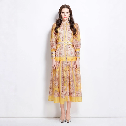 Vintage Bloemenprint Maxi Jurk Lange Mouwen Overhemdkraag Knoopsluiting Riem Elegant A-Lijn Polyester Chiffon Geel