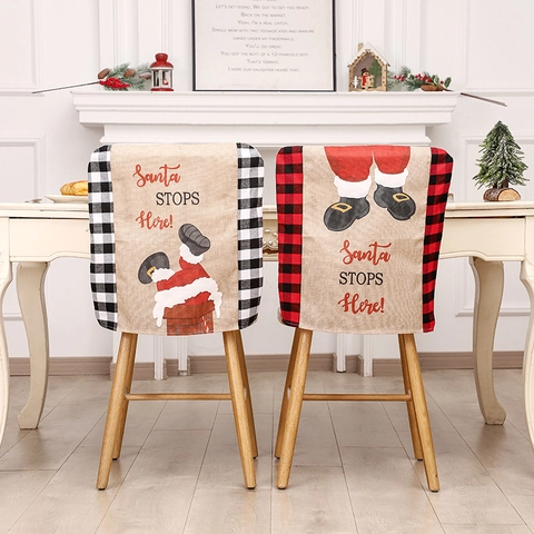 Weihnachts Stuhlbezüge Leinen Karomuster Weihnachtsmann Druck Für Küche Esszimmer Feiertags Dekoration