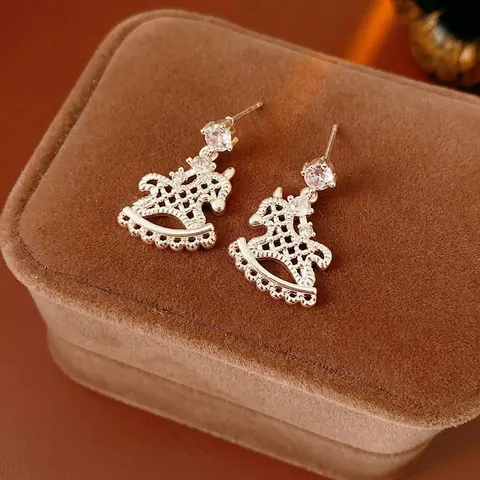 Orecchini A Cavallo A Dondolo Con Perno In Argento Rame Zirconia Cubica Cartone Animato Carino Per Donne