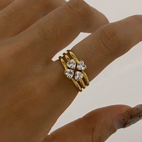 Clover Heart Shape Ring For Women Stainless Steel Zircon Inlaid Elegant Gold Plated Waterproof Jewelry Ins Style
