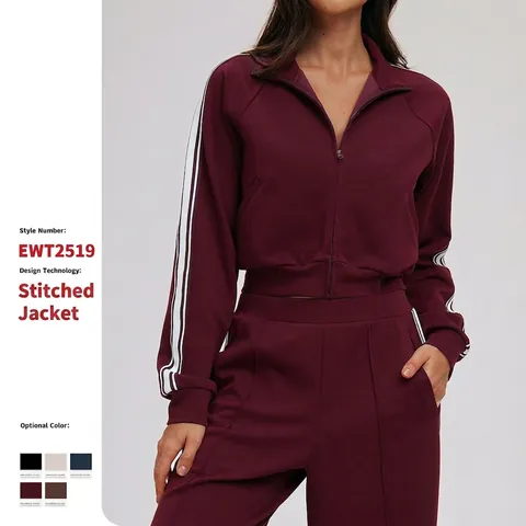 Women Tracksuits Stand Collar Full Zip Crop Jacket And Wide Leg Pants Cotton Polyester Blend Side Stripes Sports Casual