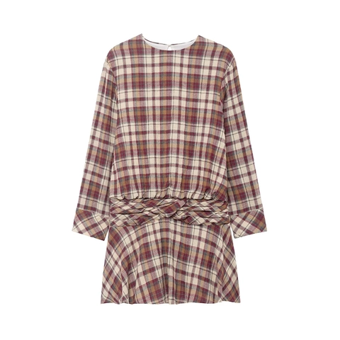 Women Plaid Mini Dress Long Sleeve Round Neck Waist Twist Knot Retro Elegant Bodycon Polyester Blend