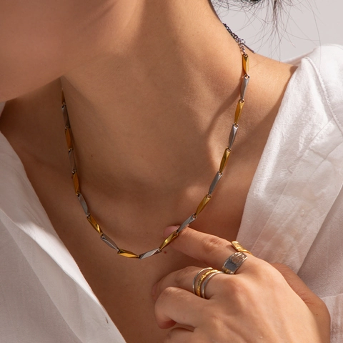 Geometric Rhombus Bamboo Link Necklace Stainless Steel Two Tone Gold Silver Minimalist Neck Jewelry For Women Men
