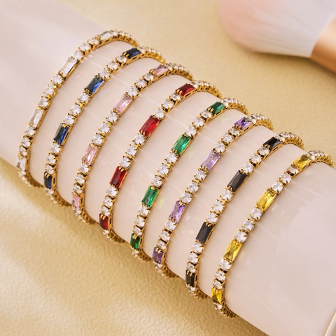 Elegant Tennis Bracelet For Women Gold Plated Stainless Steel With Multicolored Baguette And Round Zircons Luxury Style