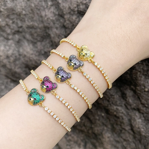 Bear Head Pendant Bracelet Gold Plated Copper Adjustable Slider Clasp With Micro Inlaid Zircon Cute Jewelry For Women