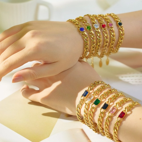 Retro Gold Plated Stainless Steel Cuban Chain Bracelet With Colorful Square Round Zircon For Women Vintage Style