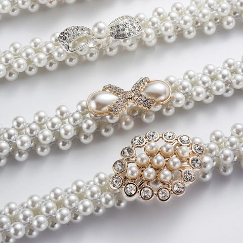 Elegant Artificial Pearl Elastic Waist Belt Faux Artificial Pearl Multi Strand Stretchy Dress Accessory Rhinestone Alloy Buckle Decoration