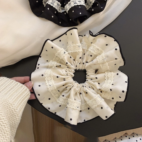 Große Scrunchies Satin Stoff Haargummis Mit Spitzenbesatz Polka Dot Floral Karo Drucke Französischer Retro Stil Für Frauen
