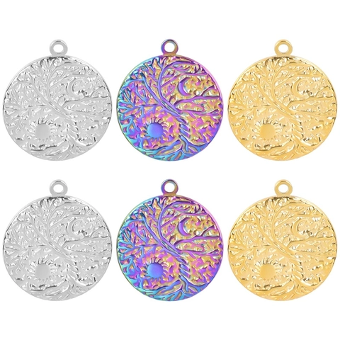 Collana Pendente Albero Della Vita Acciaio Inossidabile Sole Luna Rilievo Rotondo Arcobaleno Oro Argento Gioielli Vintage Per Uomo Donna