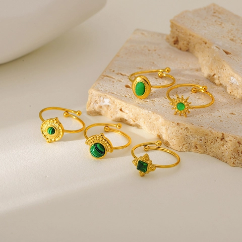 Green Natural Stone Ring Gold Plated 304 Stainless Steel Adjustable Open Band Geometric Vintage Fashion Jewelry For Women