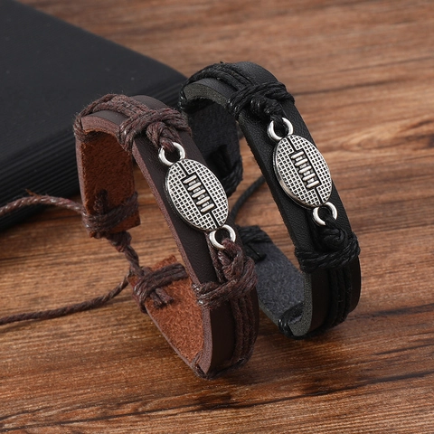 Rugby Football Anhänger Armband Geflochtenes Leder Und Wachsfaden Verstellbar Sport Freizeit Schmuck Für Herren Damen