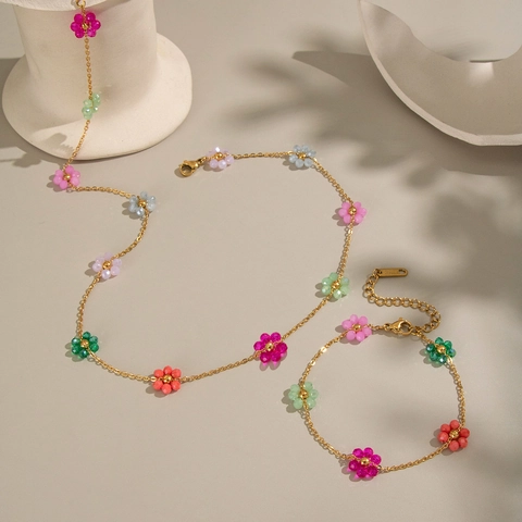 Collana E Bracciale Con Perline A Fiori Colorati Bohemienne Acciaio Inossidabile Gioielli Floreali Dolci Impermeabili Ipoallergenici Per Donna