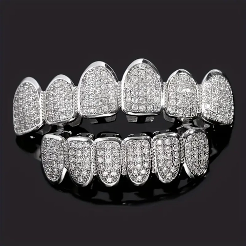 Hip Hop Grillz Denti Iced Out Zircone Rame Placcato Oro Punk Gioielli Per Il Corpo Per Rapper Superiore Inferiore Gioielli