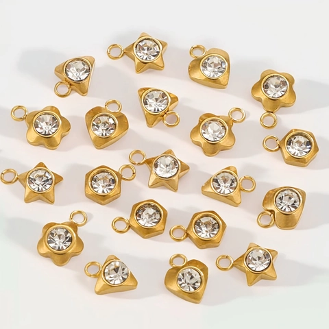 Stainless Steel Zircon Charms Heart Star Flower Triangle Hexagon Shapes For DIY Jewelry Making Necklace Accessories