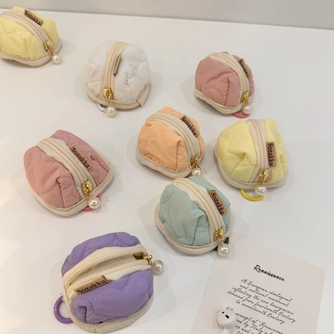 Kawaii Quilted Heart AirPods Case Soft Cotton Mini Storage Bag With Pearl Pendant Macaron Color Portable Earphone Pouch For Women