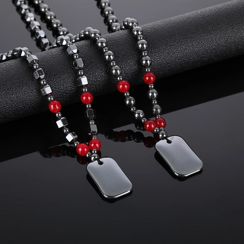 Collar De Cuentas De Hematita Con Colgante Piedρα Negra Magnética Detalles Rojos Joyería Industrial Vintage Unisex