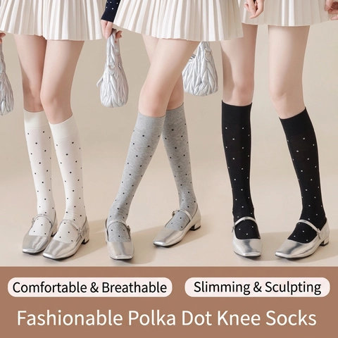 Women Polka Dot Knee High Socks Cotton Blend Seamless Toe Vintage JK Preppy Style Slouch Calf Socks Elastic Cuff