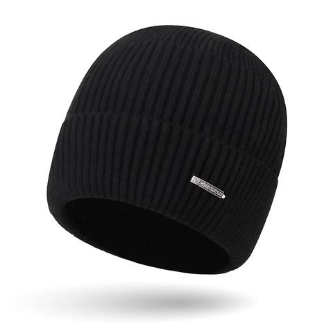 Herren Winter Beanie Mütze Rippstrick Umschlag Weiches Kernspinngarn Warm Winddicht Ski Skull Cap Mit Metall Logo Dekor