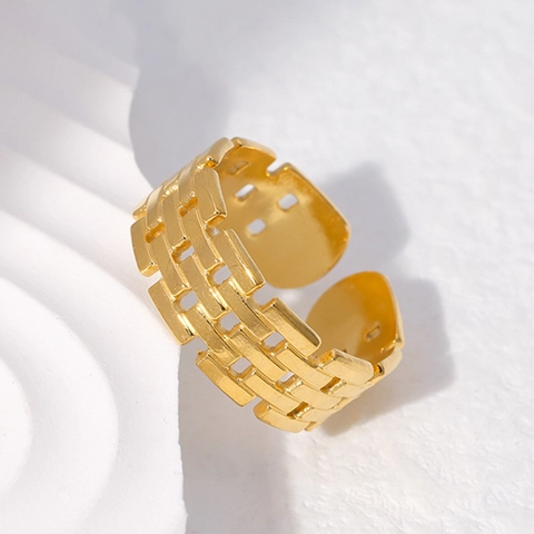 Hollow Brick Texture Adjustable Ring Stainless Steel Vintage Industrial Geometric Band Unisex Non-Fading Jewelry