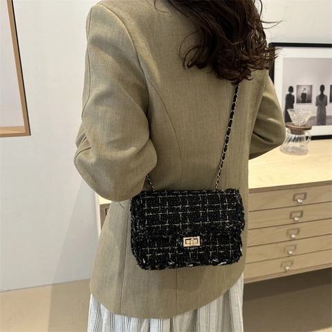 Women Fashion Canvas Tweed Style Shoulder Bag Elegant Chain Strap Crossbody Bag Metal Turn-lock Square Handbag For Daily Commute