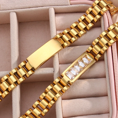 Bracelet pour Femme en Acier Inoxydable Style Bracelet de Montre Avec Incrustation de Zirconia Mode Plaqué Or Chaîne Réglable Bijoux