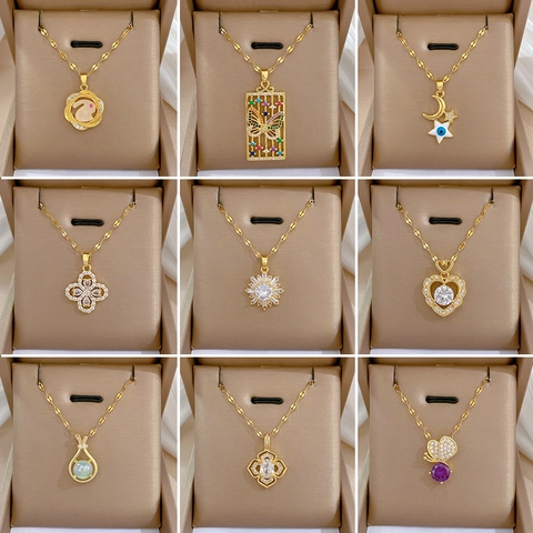 Luxury Stainless Steel Necklace With Zircon Copper Pendant Geometric Animal Flower Wedding Banquet Party Jewelry