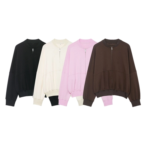 Chaqueta Bomber Con Cremallera Y Pantalones Acampanados Mujer Punto Poliéster Deporte Casual Manga Larga Cuello Redondo Streetwear