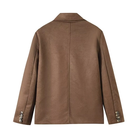 Blazer de Tela de Gamuza para Mujer Solapa de Muesca Botonadura Sencilla Marrón Oscuro Corte Holgado Ropa de Abrigo de Otoño con Bolsillos de Solapa