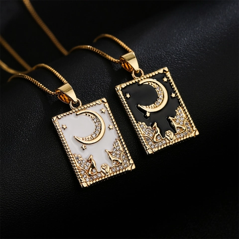 Collana Pendente Rame Placcato Oro 18K Smalto Stile Tarocchi Luna Stella Motivo Animale Con Zircone Per Donne Retro